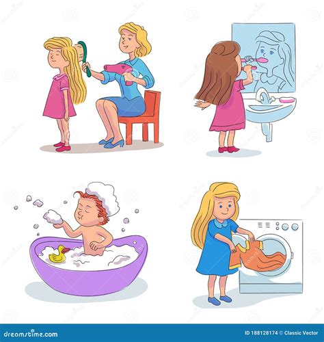 Girl Daily Hygiene Activities Cartoon Scenes Set Vector Illustration 188128174