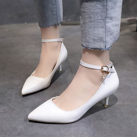 Women Wedding Shoes Ol Office Medium Heels Ankle Strap Pumps White