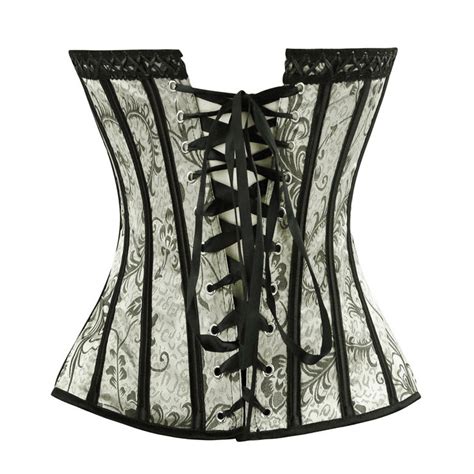 Womens Vintage Gothic Silver Floral Jacquard Strapless Overbust Corset