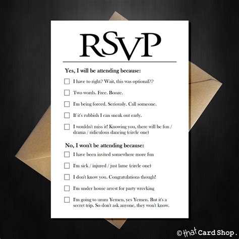 Joke Rsvp Card With Hilarious Options Funny Comedy Acceptance That