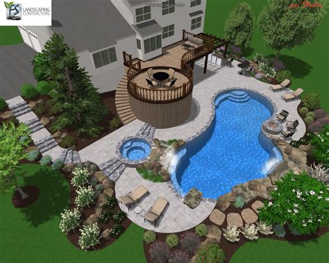 This pool features a few fixtures sunk into the surrounding concrete pad. Swimming Pool & Landscape Designers - Landscaping Company ...