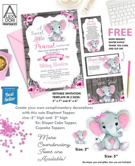 This is a digital listing for an elephant baby shower party package. Pink Gray Elephant Baby Shower Invitation Printable | Etsy