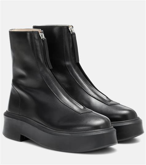 The Row Zip Front Leather Ankle Boots In Black Modesens