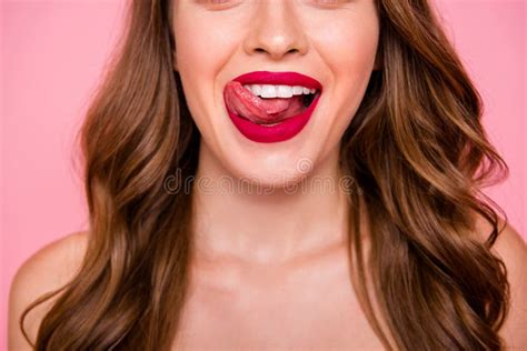 Cropped Close Up Photo Amazing Beautiful She Her Lady Tongue Out Mouth Coquettish Show Ideal