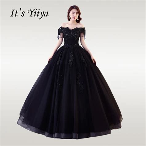 Its Yiiya Wedding Dress Off Shoulder Black Boat Neck Wedding Ball Gowns Elegant Lace Floor