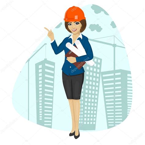 Woman Construction Worker Wearing Hard Hat Holding Blueprints And
