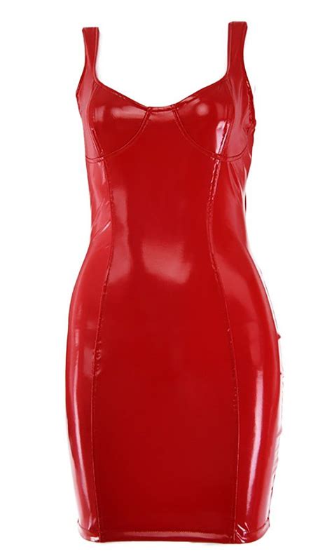 Candy Coated Red Pu Patent Faux Leather Vinyl Sleeveless V Neck Stretch Shiny Bodycon Mini Dress