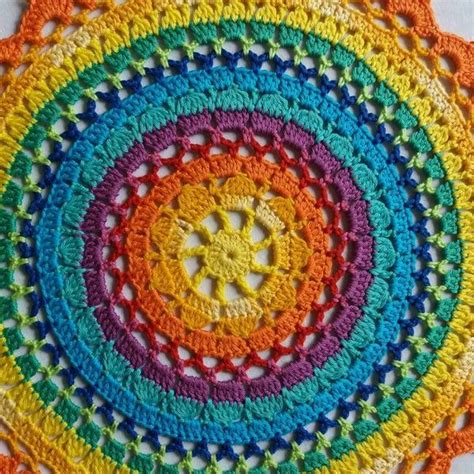 Crocheted mandala doily , handmade , rainbow bright colors mandala