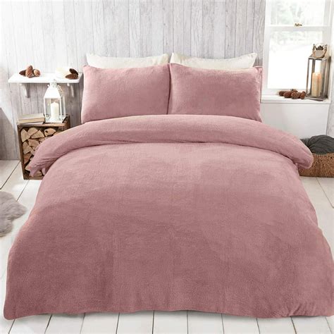 Brentfords Teddy Fleece Duvet Cover With Pillow Case Thermal Fluffy Warm Soft Bedding Set Blush