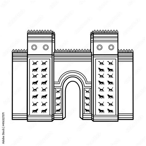Cartoon Linear Drawing Ishtar Gate Ancient Sacred Temple Symbols Of