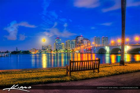 West Palm Beach Moon Set Over Downtown Buildings Hdr Photography By