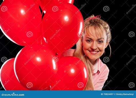 Pretty Woman In Blouse With Red Balloons Stock Image Image Of Holding Happiness 70824497