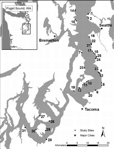 Map Of Puget Sound Showing Study Site Locations And Major Cities Each