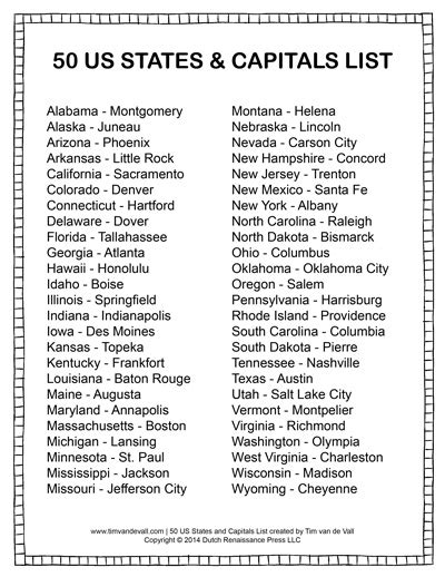 State And Capitals List Printable