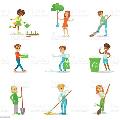 Children Helping In Ecofriendly Gardening Planting Trees Cleaning Up ...