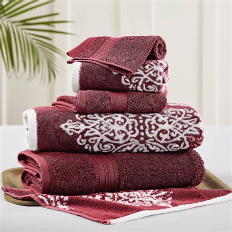 6 Piece Reversible Yarn Dyed Jacquard Towel Set Artesia Damask Red