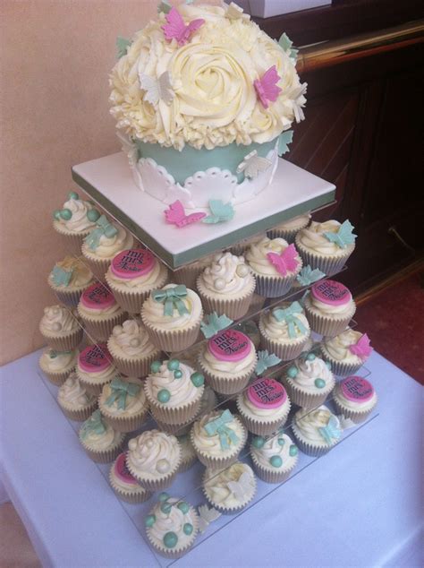 Sage Ivory And Pink Cupcake Tower With Lace Effect Giant Cupcake