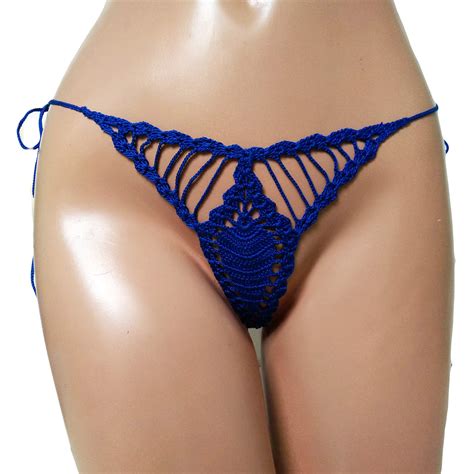 Crochet Extreme Micro Bikini Bottom Dark Royal Color G String Thong Bikini Bottom For Sunbathing