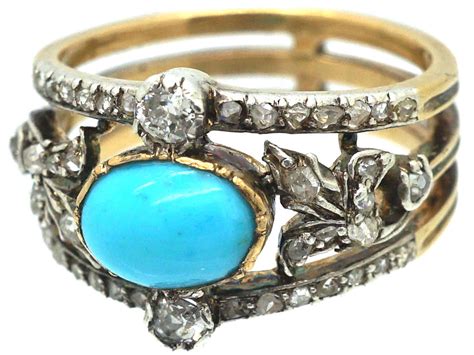 Edwardian 18ct Gold Turquoise Diamond Ring With Rose Diamond Leaf