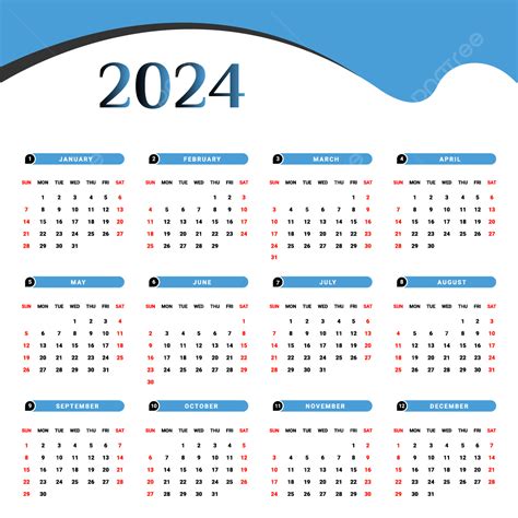 Calendario Anual 2024 Con Estilo Geométrico único En Negro Y Azul Cielo