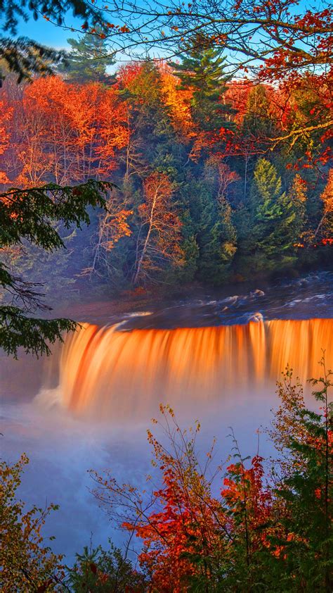 Waterfall Autumn Sunset Wallpaper
