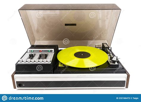 Vintage Turntable Record Player With Yellow Vinyl Stock Photo Image