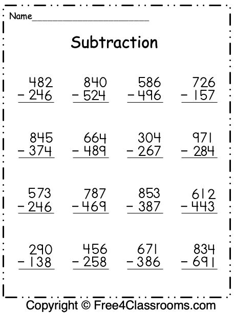 Subtraction Worksheets 3 Digit Regrouping