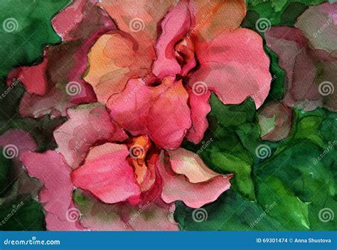 Watercolor Illustration Red Flowers In Green Leaves Stock Illustration
