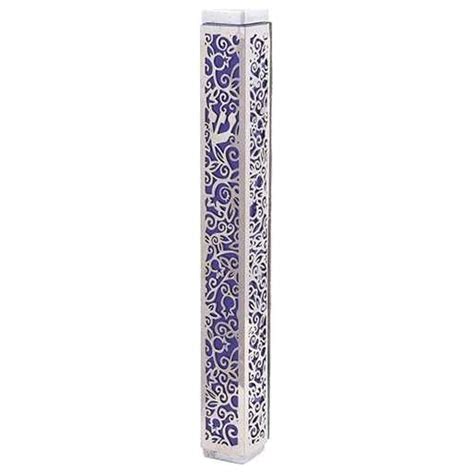 Lasercut Pomegranate Mezuzah Purple With Silver Overlay By Yair