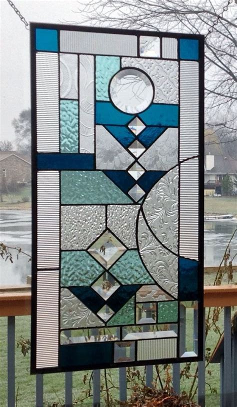 Blue Clear Stained Glass Panel Window Geometric Abstract Stained Glass