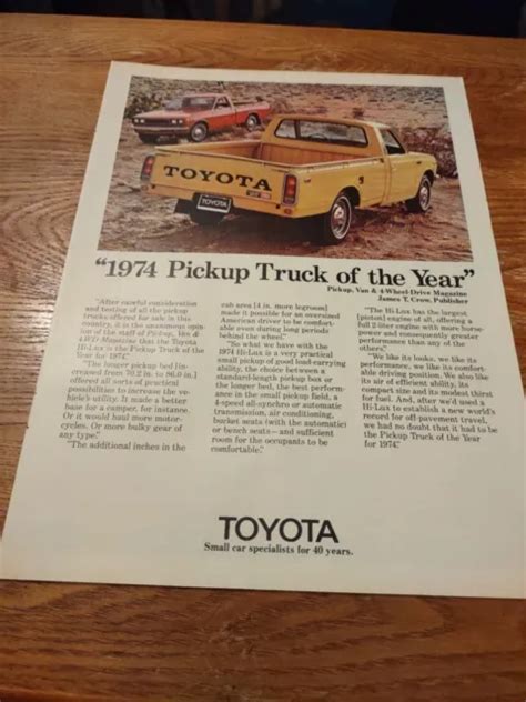 TOYOTA TRUCKS 1974 Pickup Truck Of The Year Vintage Magazine Print