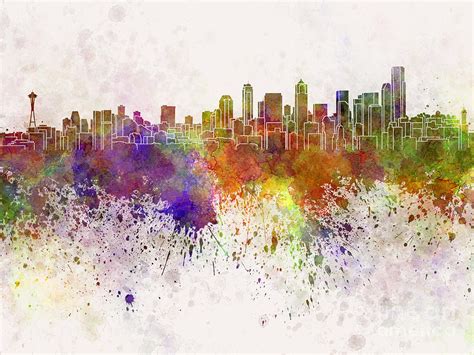 Seattle Skyline In Watercolor Background Painting By Pablo Romero