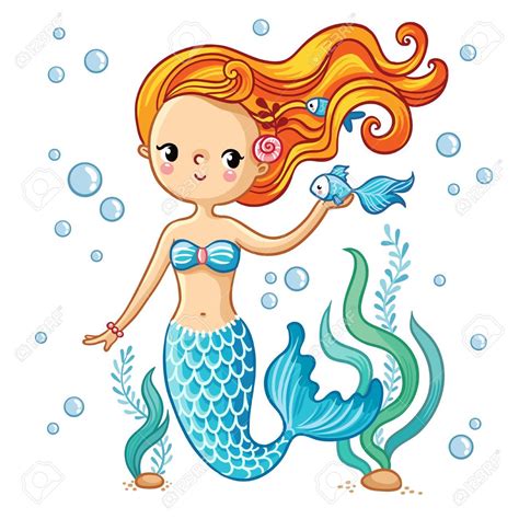 Sea Collection Mermaid Cute Swimming Cartoon Mermaid Mermaid In Vector Illustration Art