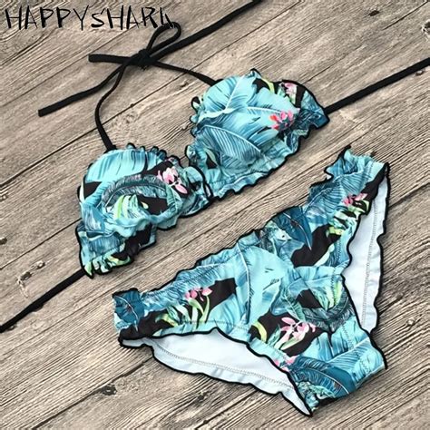 Happyshark 2018 Sexy Fold Edge Brazilian Bikinis Set Women Floral Printed Halter Trikini