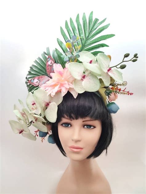 Tropical Headdress With Orchids Hawaiian Flower Crown Large Etsy