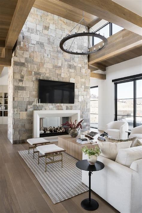 Modern Living Room With Stone Fireplace Baci Living Room