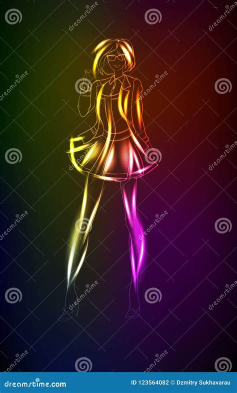 Hand Drawn Fashion Model From A Neon A Light Girl S Stock Vector