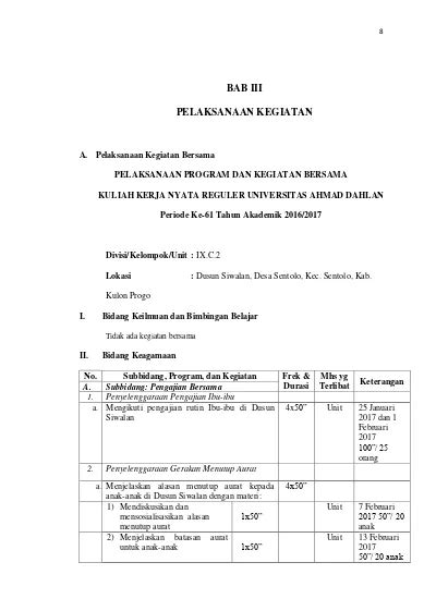 Bab Iii Pelaksanaan Kegiatan Laporan Kuliah Kerja Nyata Reguler