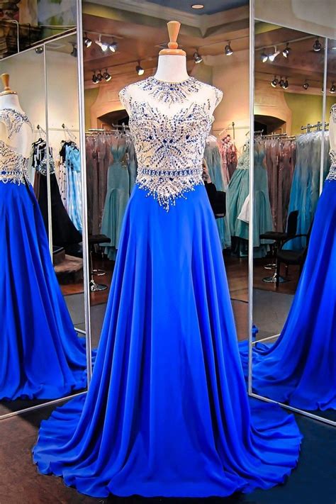 A Line Jewel Neckline Open Back Royal Blue Chiffon Beaded Prom Dress Beaded Prom Dress Prom