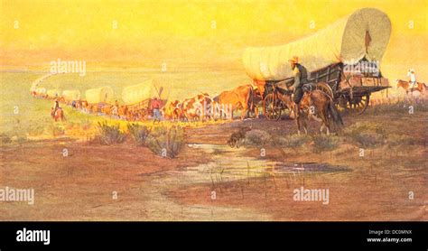 1800s American Western Frontier With Wagon Train Going Westward Onto