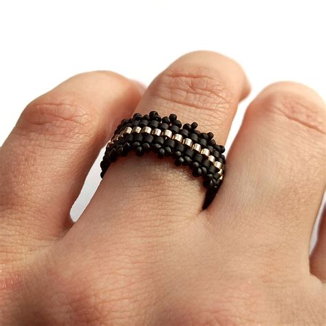 Seed Bead Rings For Women Gold And Black Matte Ring Flexible Etsy