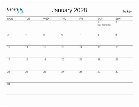 Printable January 2028 Monthly Calendar With Holidays For Turkey