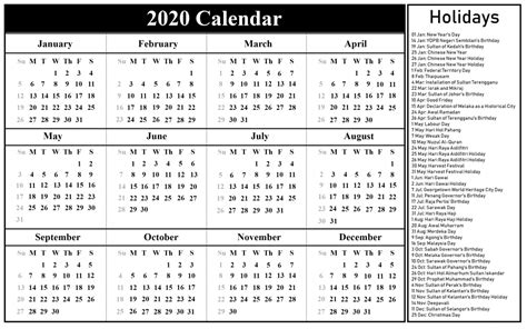 2020 won't boast as many long weekends as 2019, but there are still a few dates to look out for when it comes to planning your leave in advance. 12 Month 2020 Printable Calendar Template One Page ...