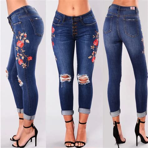 Ripped Hole Fashion Jeans Women Mid Waist Skinny Pencil Denim Pants Elastic Stretch Embroidery