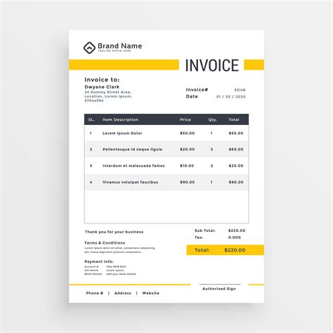 Minimal Yellow Invoice Template Vector Design Download Free Vector