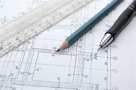 Drawing Of The Building Pencils And Ruler Stock Image Image Of