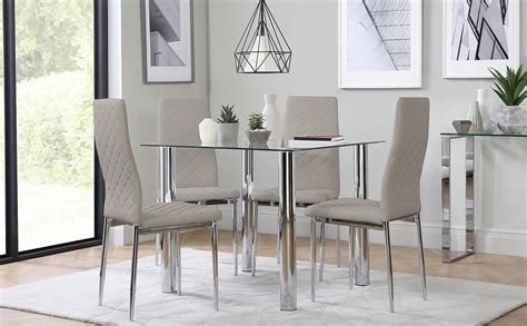 Nova Square Glass And Chrome Dining Table With 4 Renzo Taupe Leather Chairs Furniture Choice