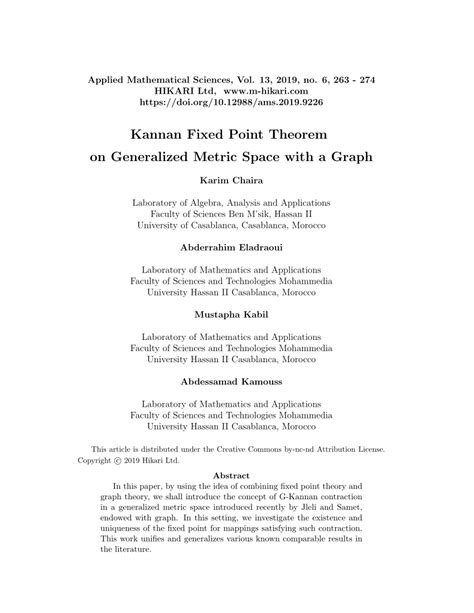 Pdf Kannan Fixed Point Theorem On Generalized Metric Space With A Graph