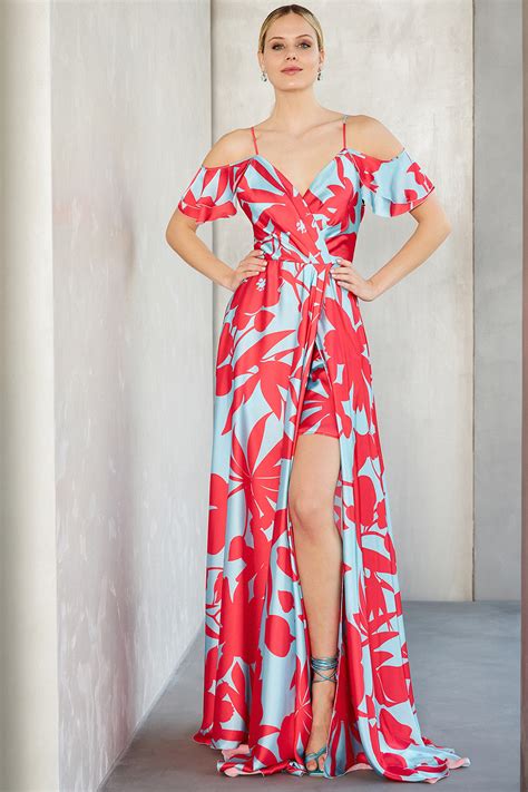 mikael concetta long cocktail satin dress with printed fabric open back and sleeves
