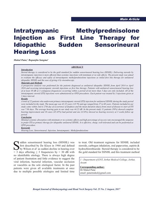 Pdf Intratympanic Methylprednisolone Injection As First Line Therapy